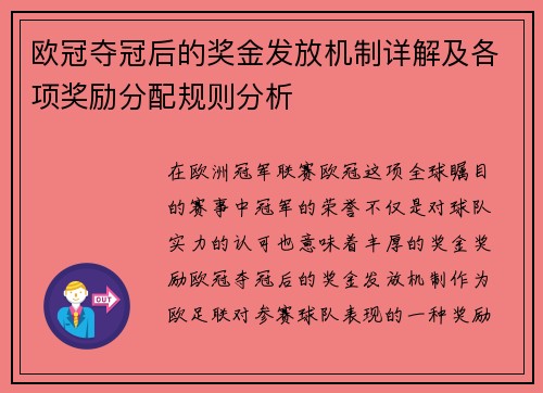 欧冠夺冠后的奖金发放机制详解及各项奖励分配规则分析